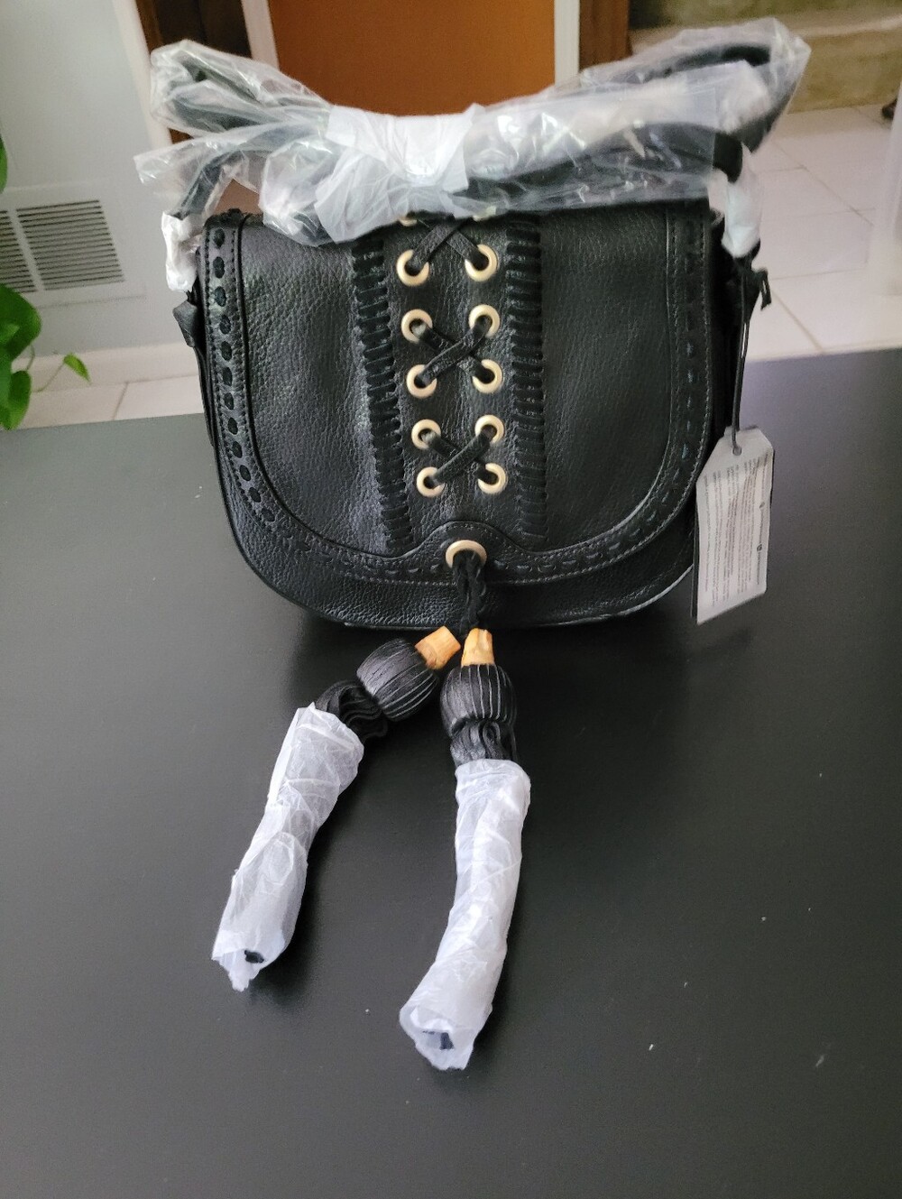 Foley & Corinna Black Lace-Up Tassel Leather Saddle Bag